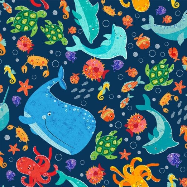 Under the Sea Whales Turtles Dolphins 9558 Navy
